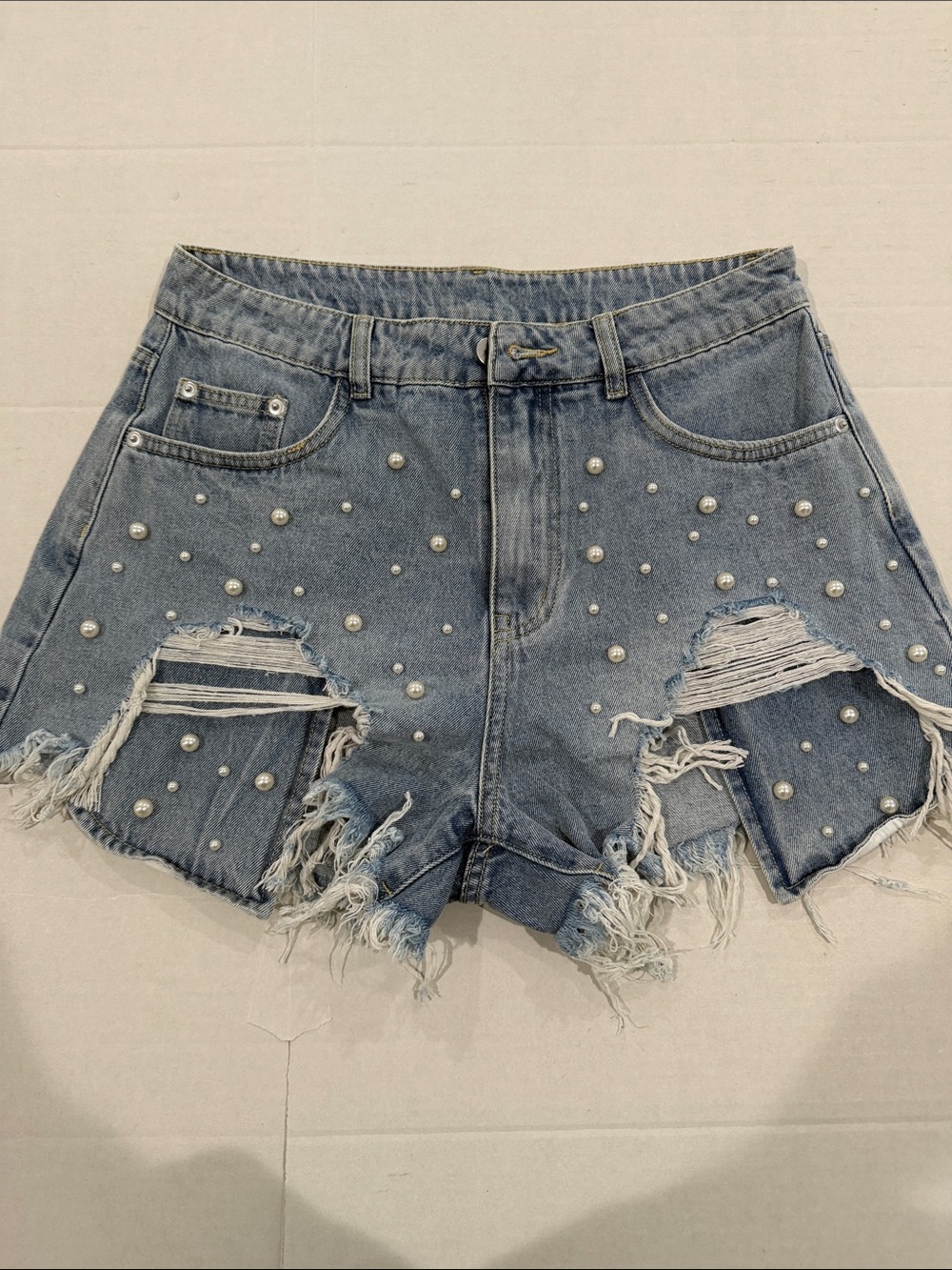 Micas Denim high waist beaded shorts
